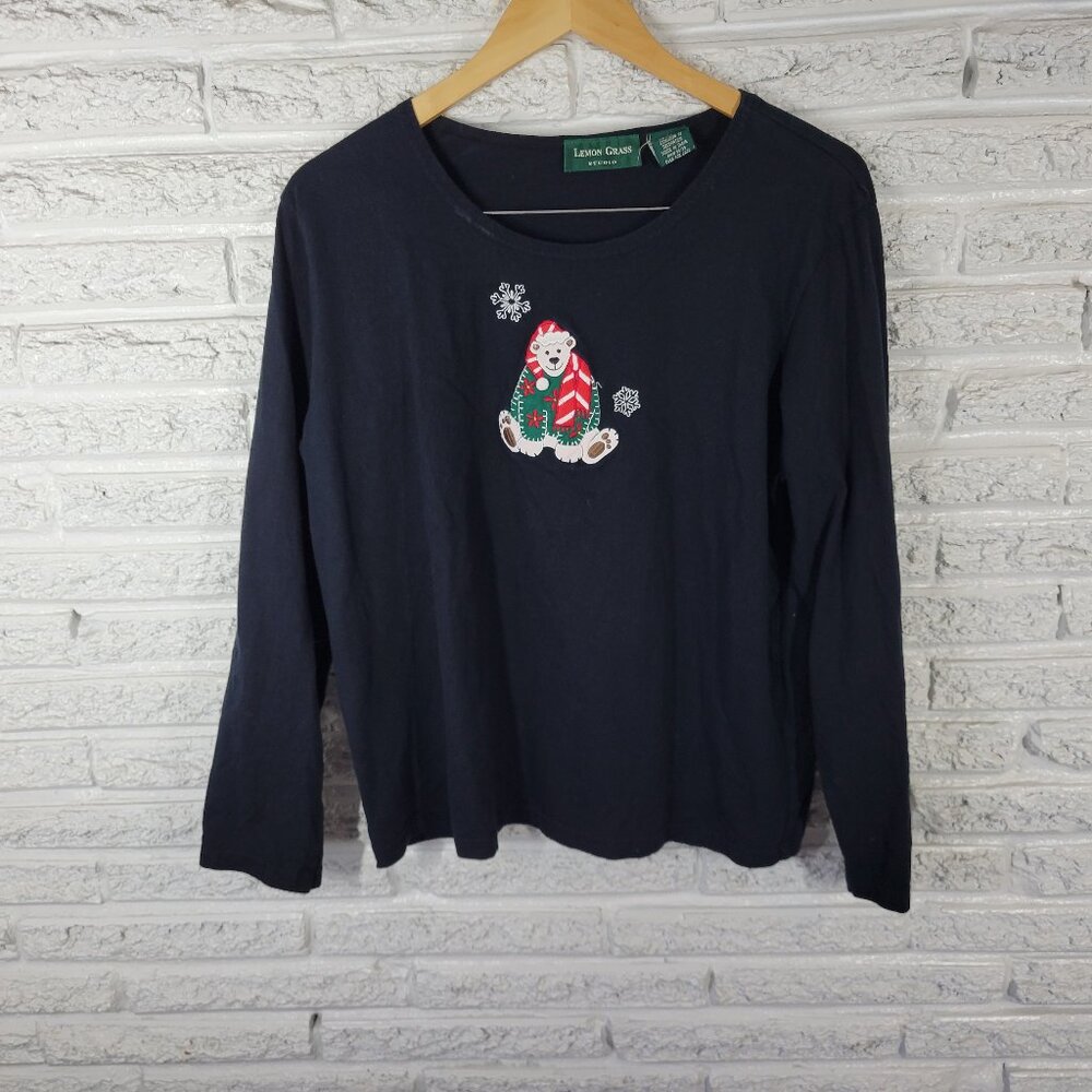 Lemon Grass Christmas XL Tee Indigo Blue Embroidered Santa Bear BLU198E
